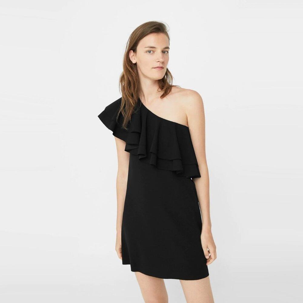 Mango Villa Asymmetrical Ruffle Black One Shoulder Sheath Mini Dress
